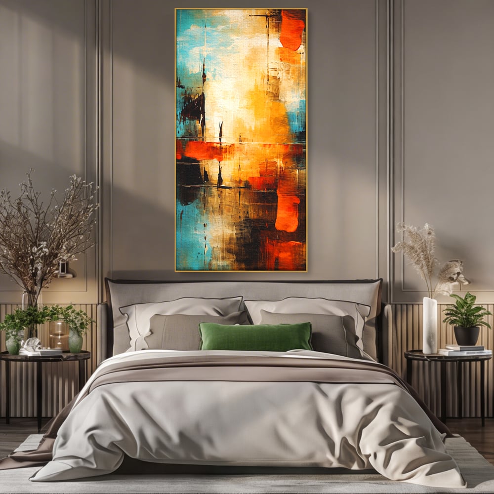 Tablou canvas cu pictura abstracta cu portocaliu si albastru, in rama de aluminiu auriu, pe perete intr-un dormitor